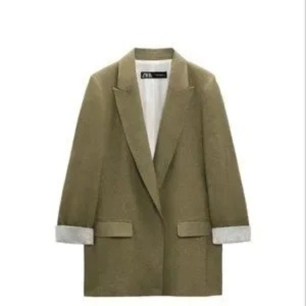 NWOT ZARA LINEN BLAZER WITH PRINTED SLEEVES GREEN SIZE XL 7979/306/505 NWOT